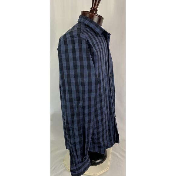 Large Alfani Slim Fit Stretch Long Sleeve Button Up Blue Plaid Check Dress Shirt - Picture 5 of 7